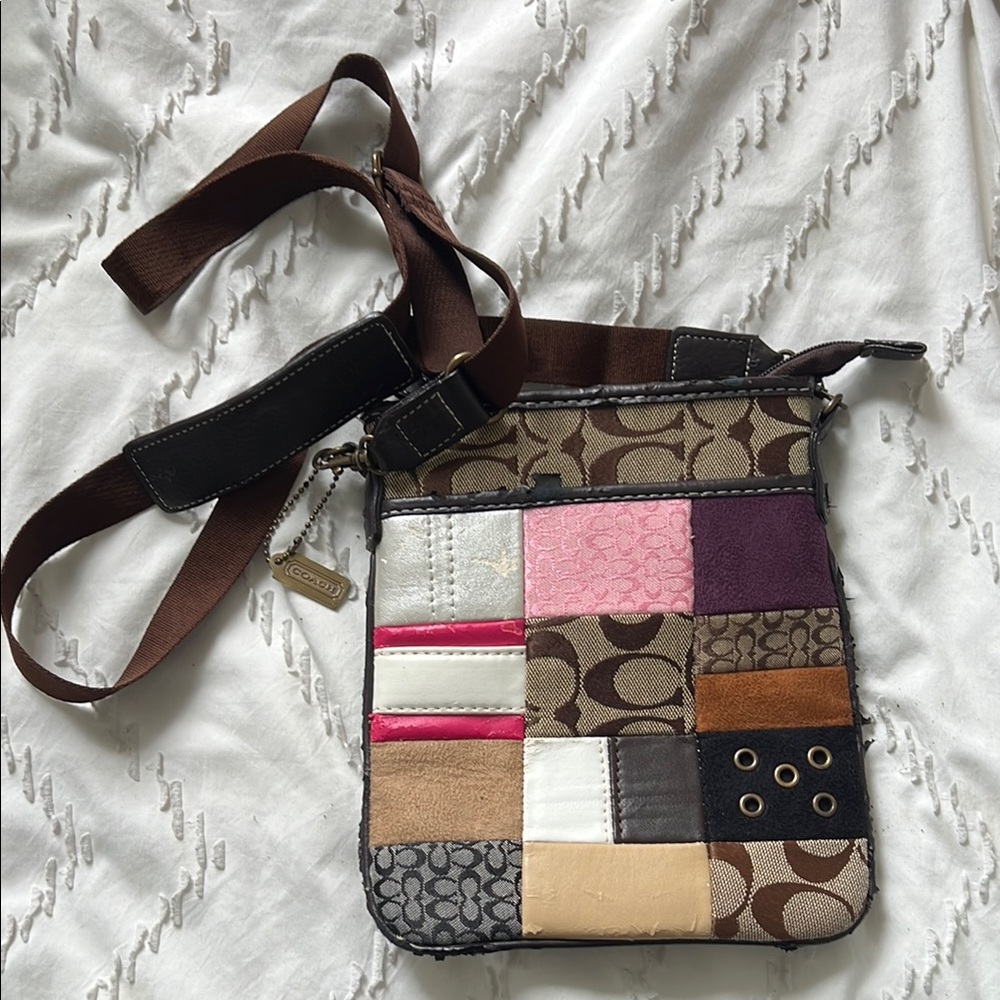 Coach Brown and Pink Crossbody Bag with Signature Monogram